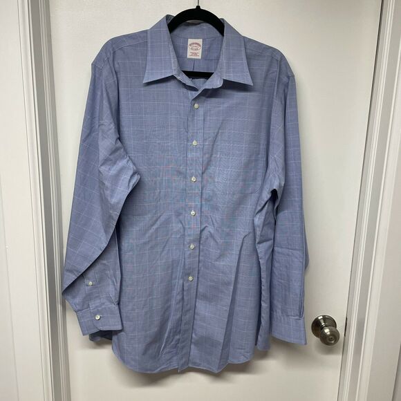 Brooks Brothers Traditional Fit Blue Plaid Non-iron Button Up Shirt Size 17 4/5 - Picture 1 of 6